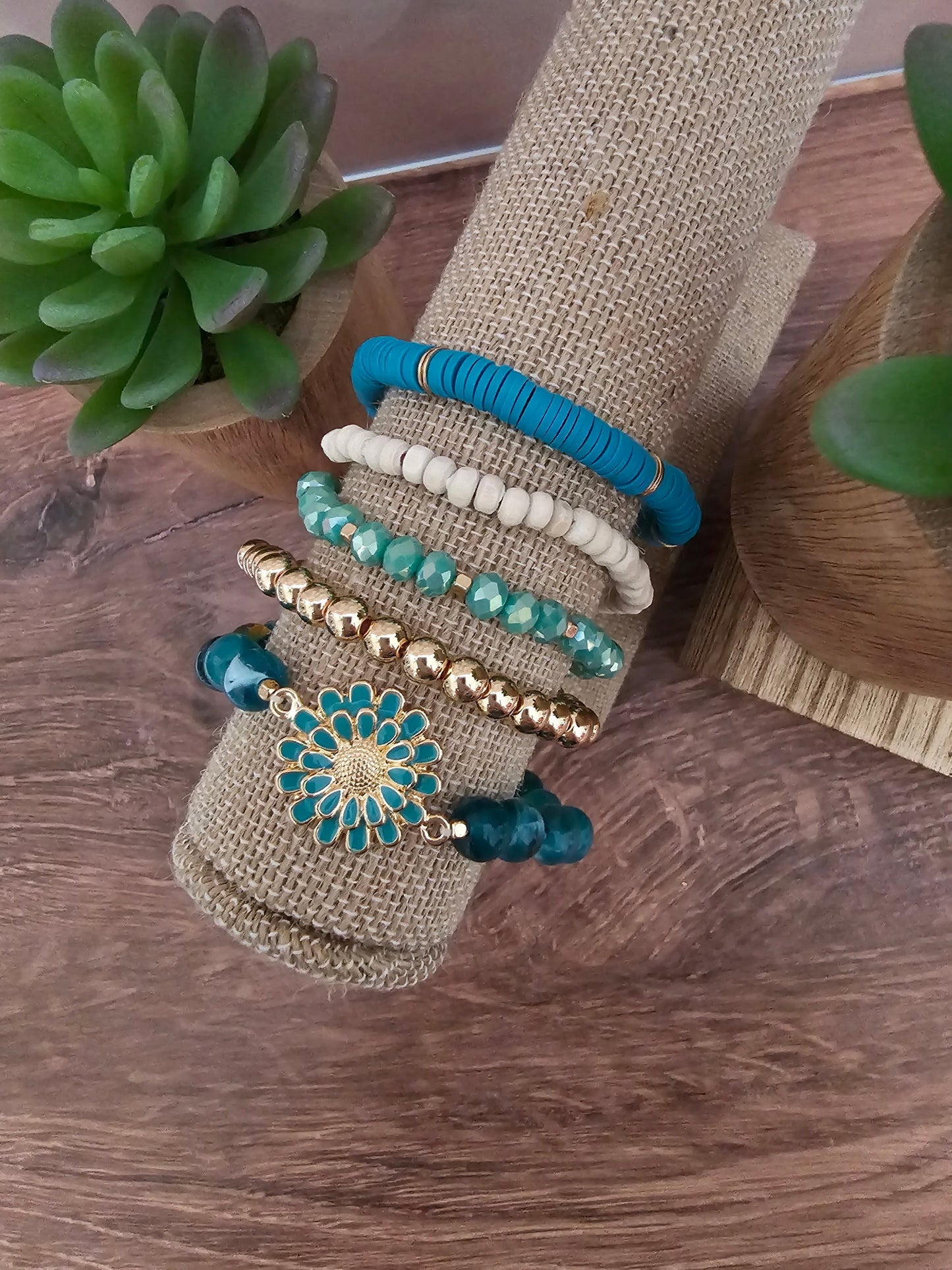 5 strand teal flower bracelets