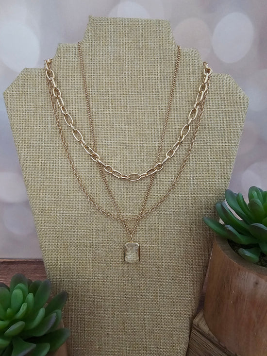 Load image into Gallery viewer, Gold Triple Chain Necklace w/Clear Crystal
