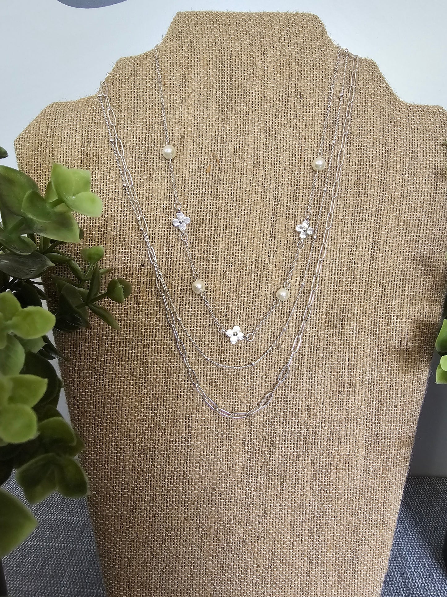 Pearl & Flower Triple Chain Necklace