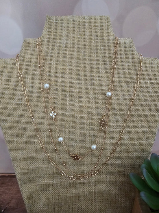 Pearl & Flower Triple Chain Necklace