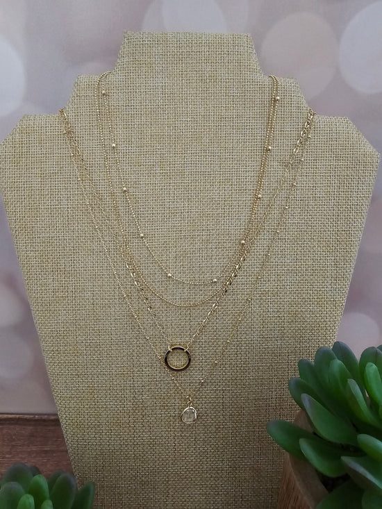 4 Chain Necklace w/Open Circle and Clear Stone