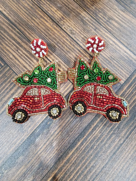 Load image into Gallery viewer, Red Car Beaded Earrings
