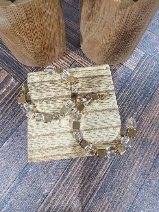 Clear & Gold Square Bead Hoops