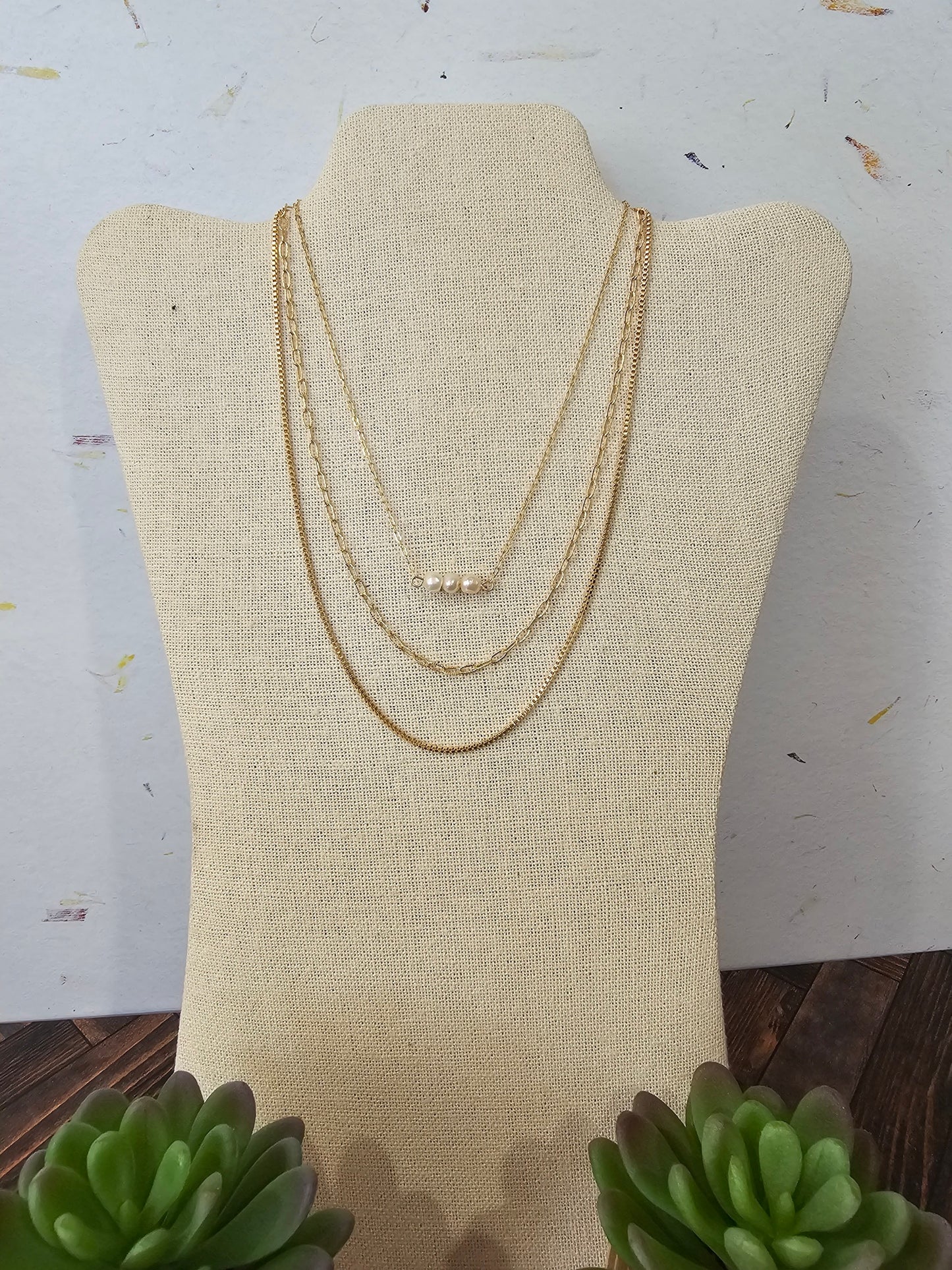 Gold Triple Pearl Necklace