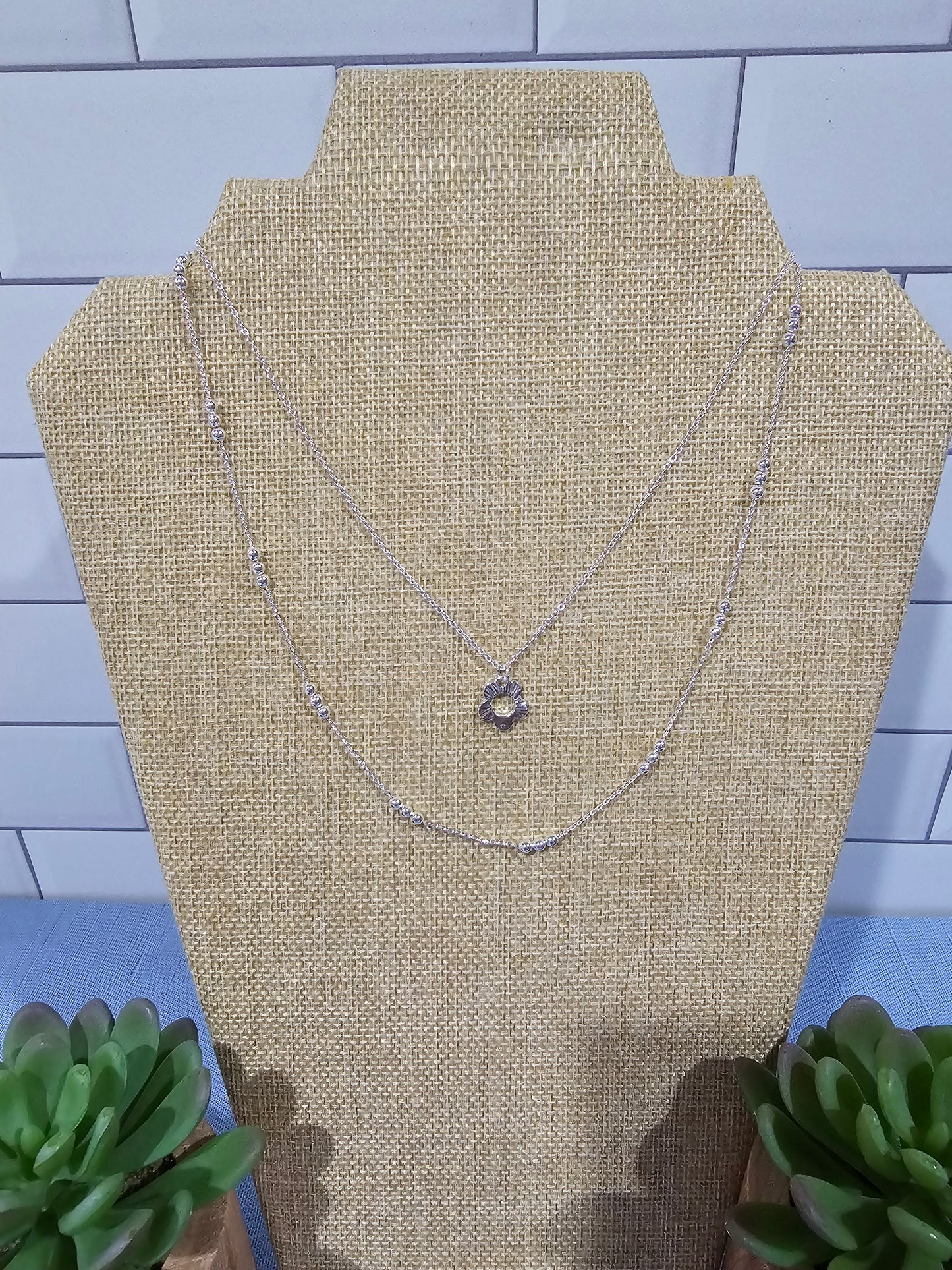 Silver or Gold Dual Chain Necklace with Flower Pendant