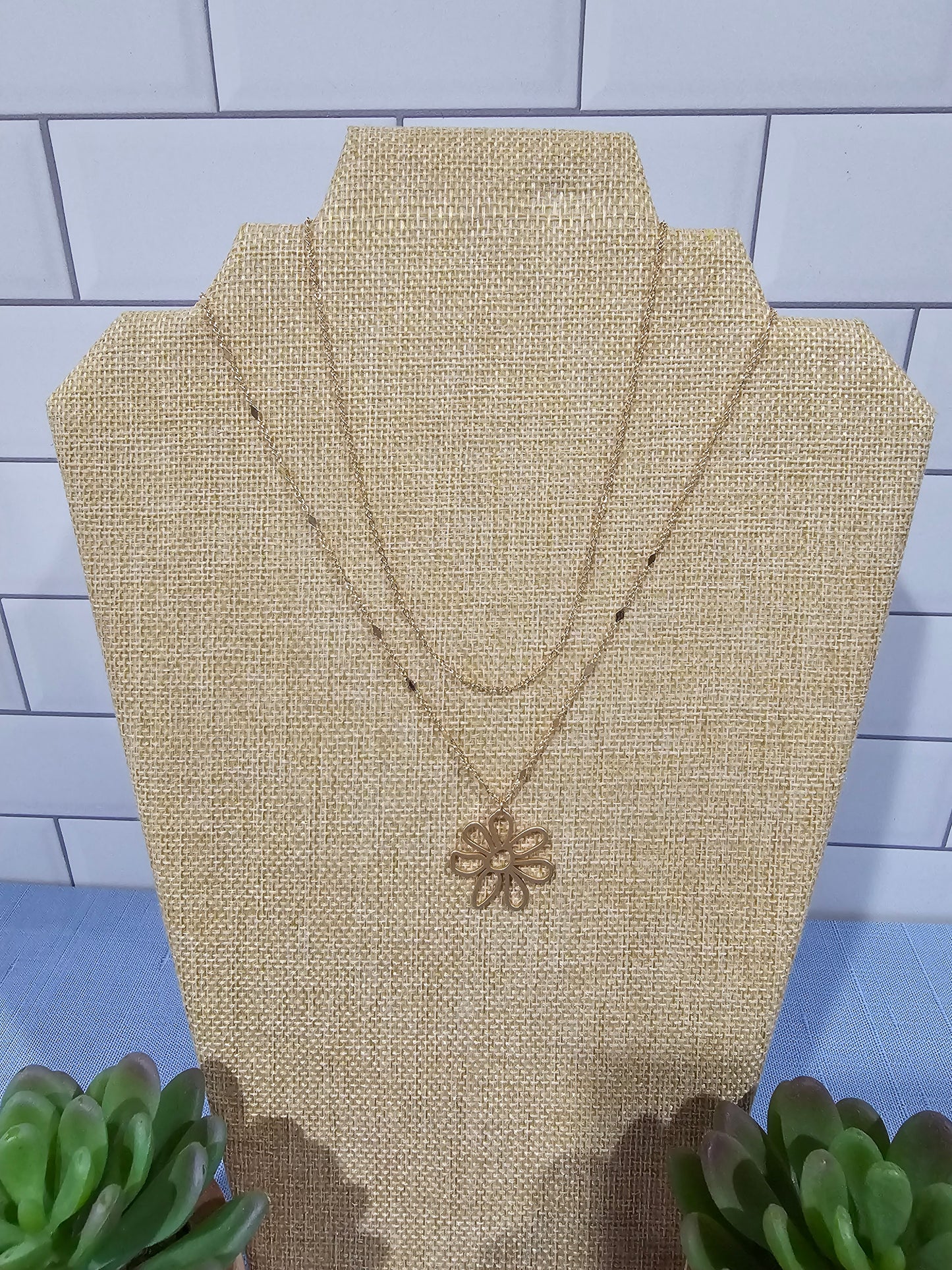 Dual Chain Necklace w/Open Flower Necklace