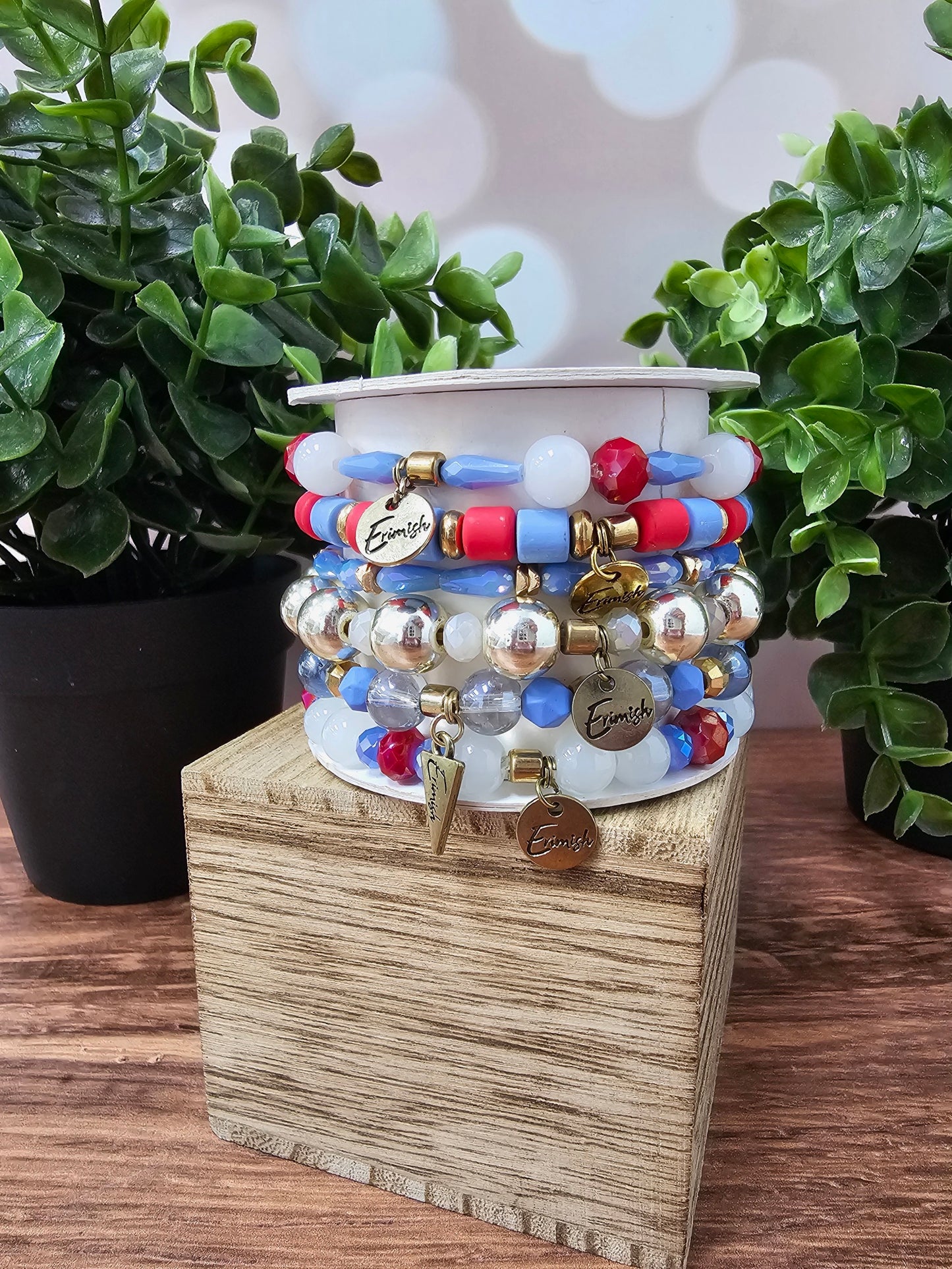 Set of 6 Red, White, Blue bracelets