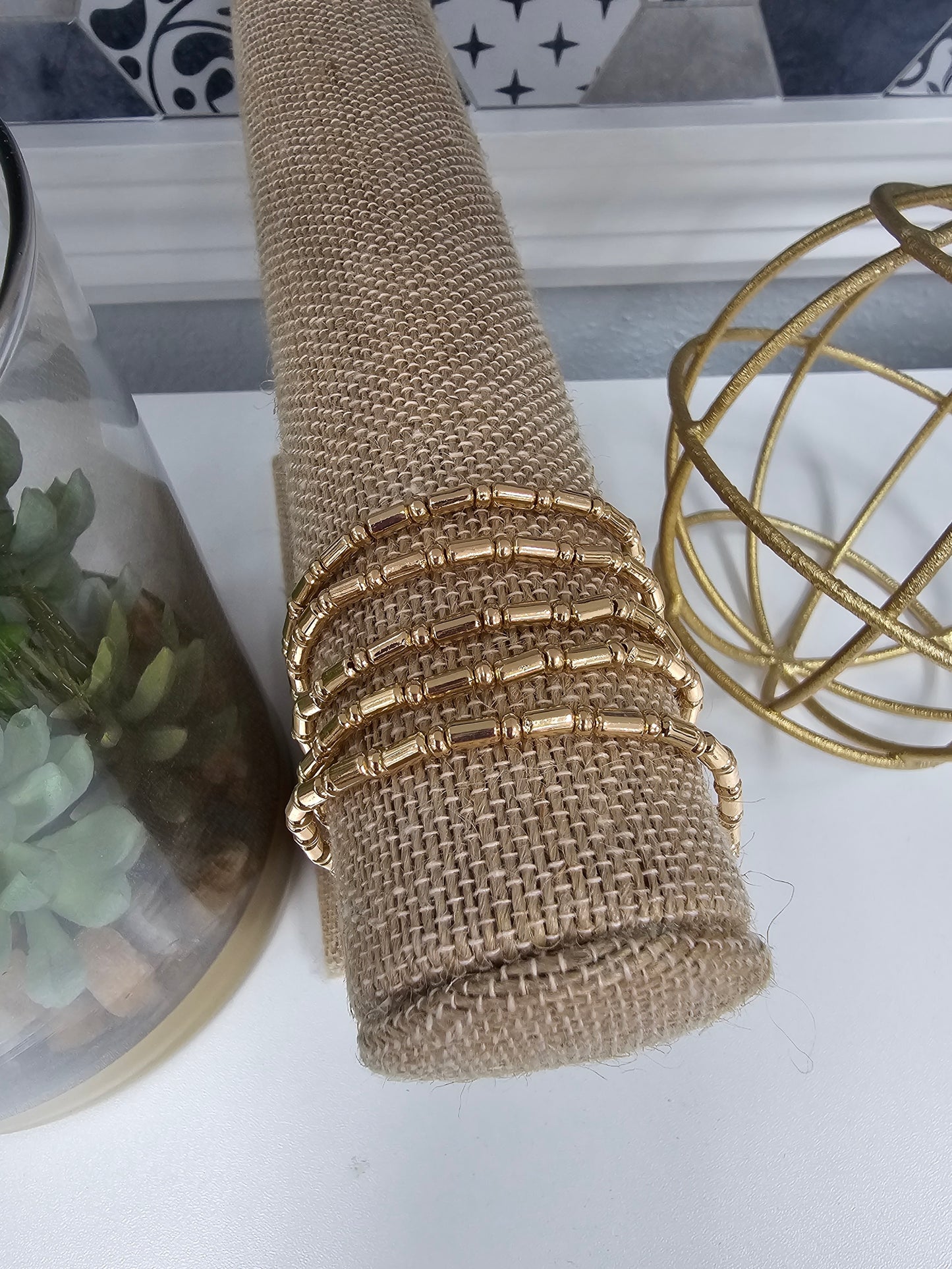 Gold Rectangle and Small Beaded Set of 5 Stretch Bracelets