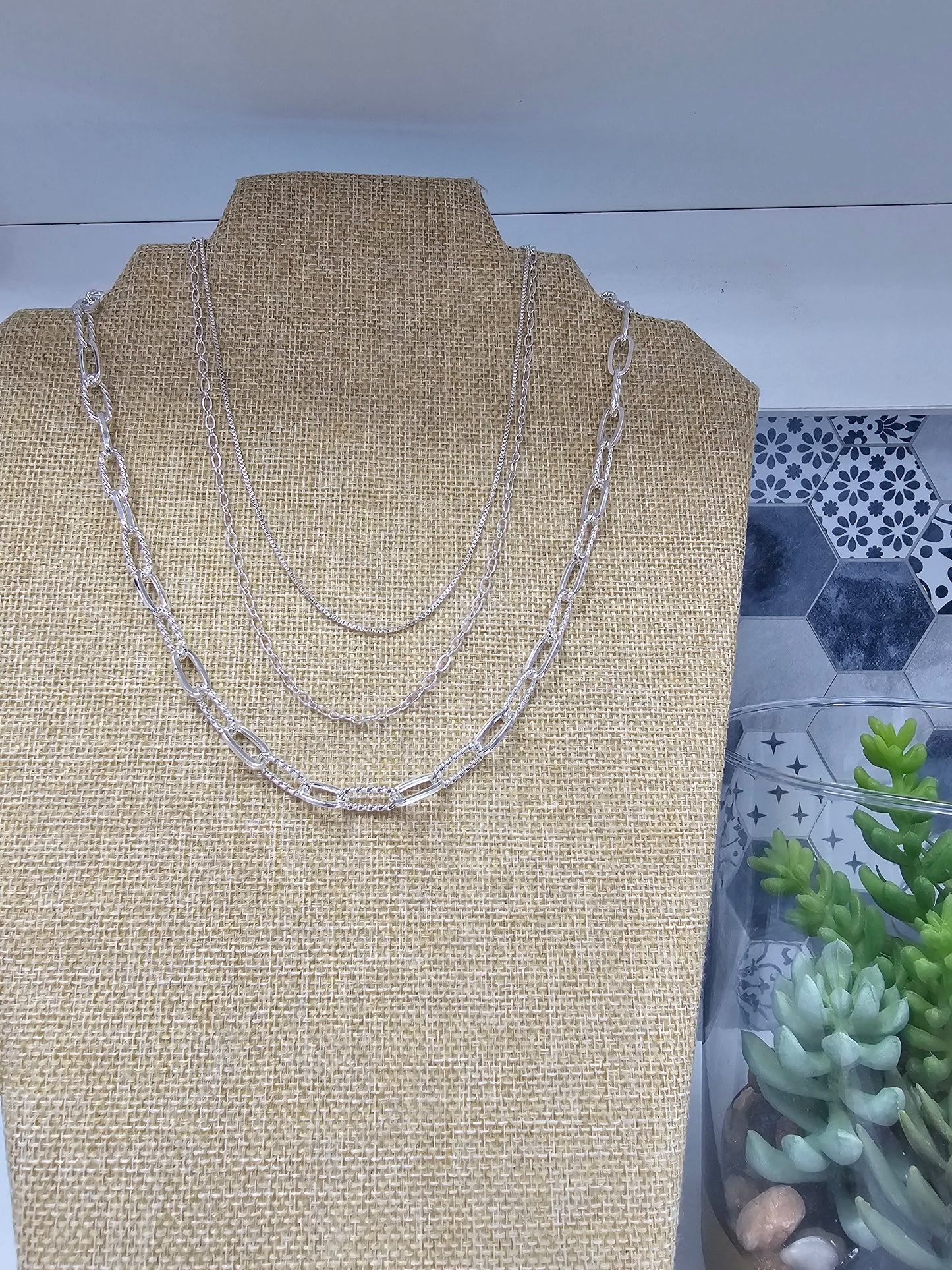 Water Resistant Silver Triple Chain Necklace