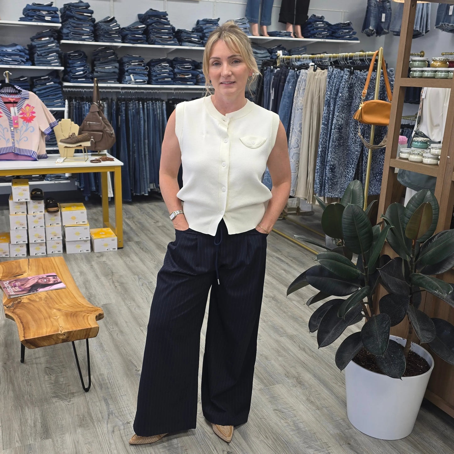 Navy Striped Pants with tie front Elle Grey