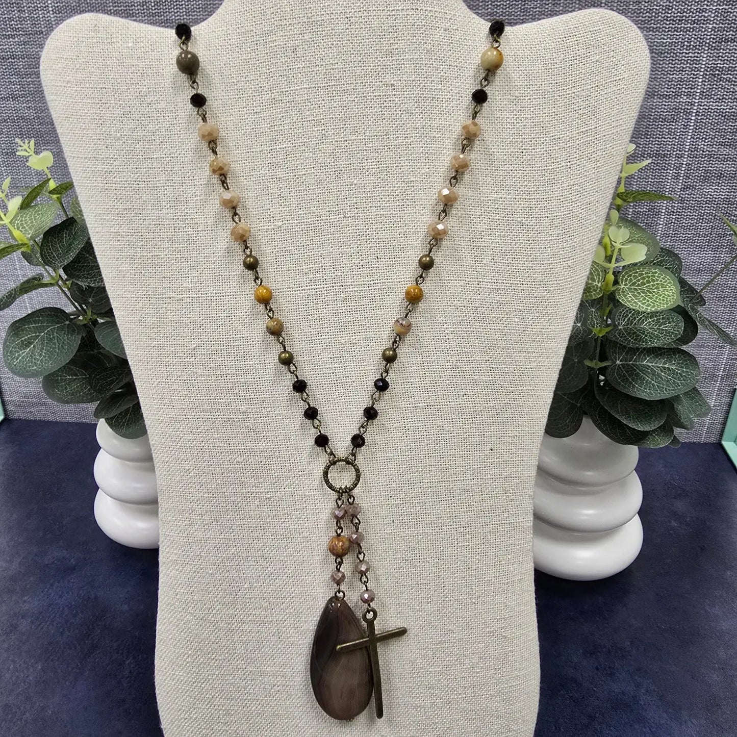 Beaded Stone & Cross necklace Dlyan T Designs
