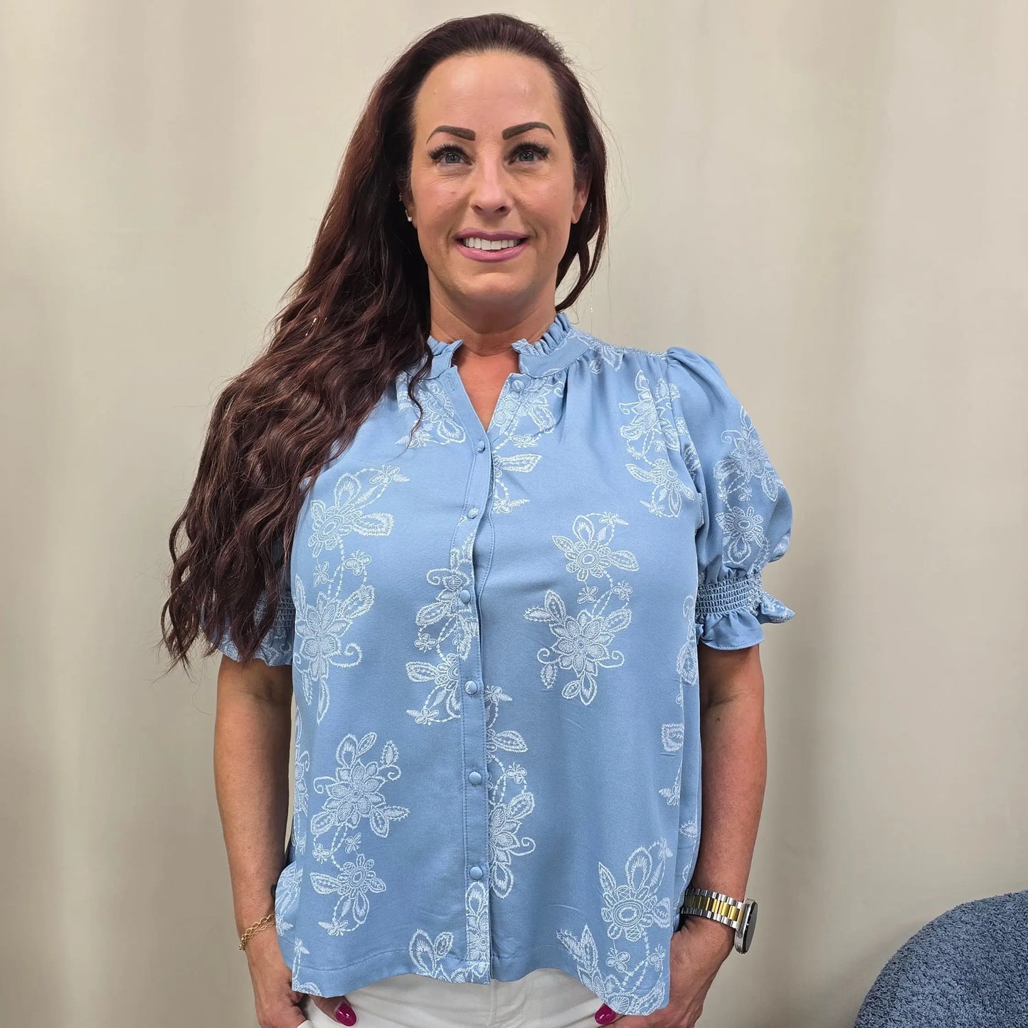 Coastal Bloom Ruffle Blouse Gigio