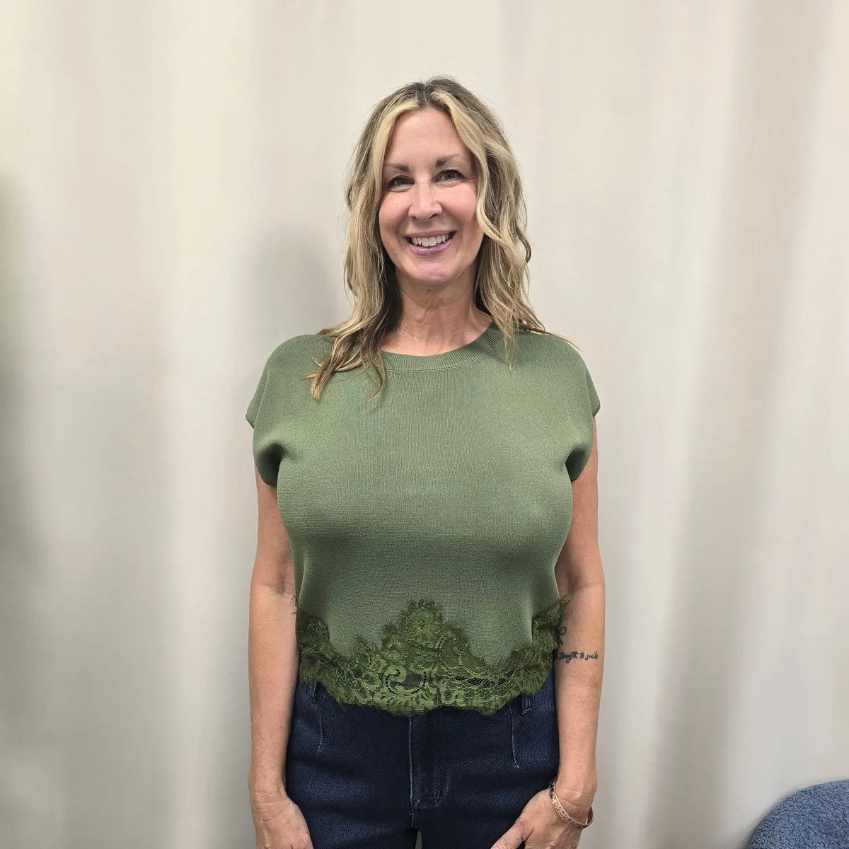 green lace trim shirt Entro