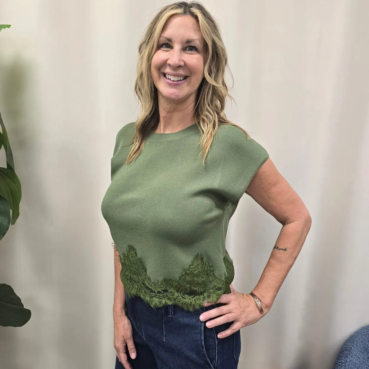 green lace trim shirt Entro