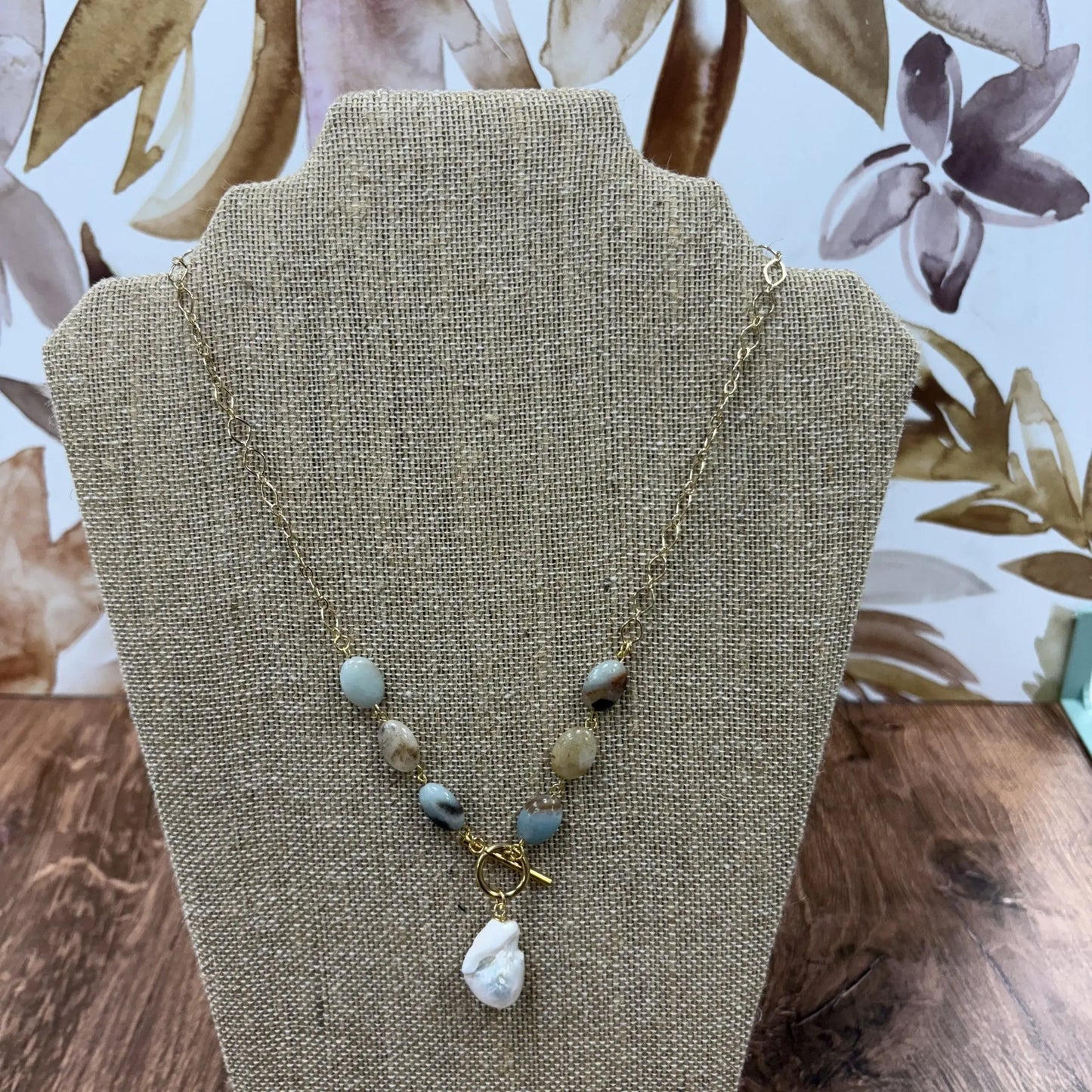 Necklace Baroque Pearl W/Amazonite W/Gold Plated,Toggle 18” rant & rave