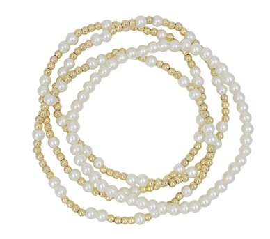 Gold Beaded and Pearl Set of 4 Stretch Bracelets