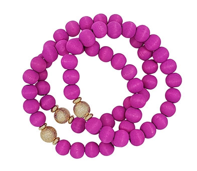 Hot Pink Wood Beaded and Gold Set of 3 Stretch Bracelets