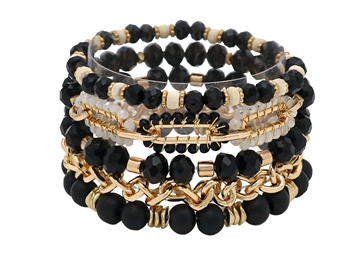 Black Crystal, Stone, and Gold Chain Set of 5 Stretch Bracelets