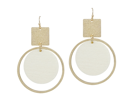 Gold Textured Square with White Wood Circle 1.5" Earring