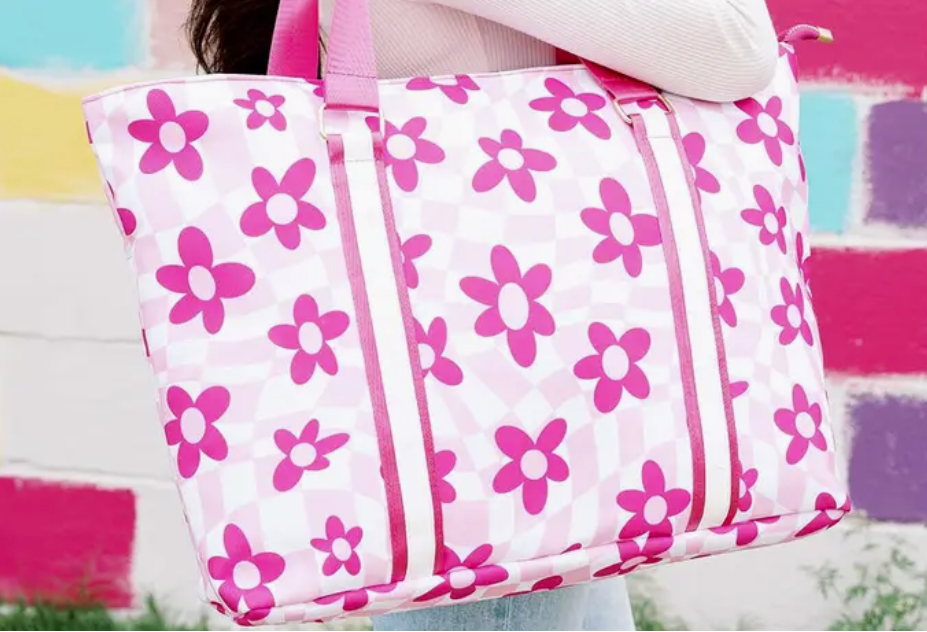 Pink Flowers Checkered Tote