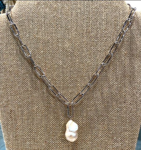 Large Link Chain with Baroque Drop Pearl