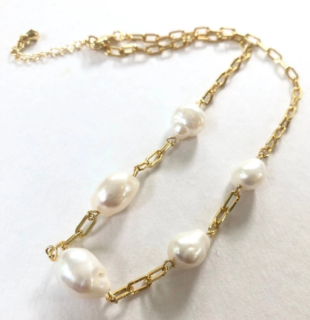 Potato Pearl and Chain Link Necklace