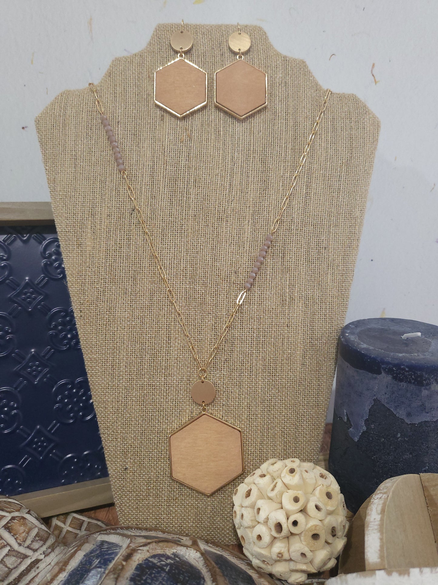 Hexagon Wood & Gold Necklace