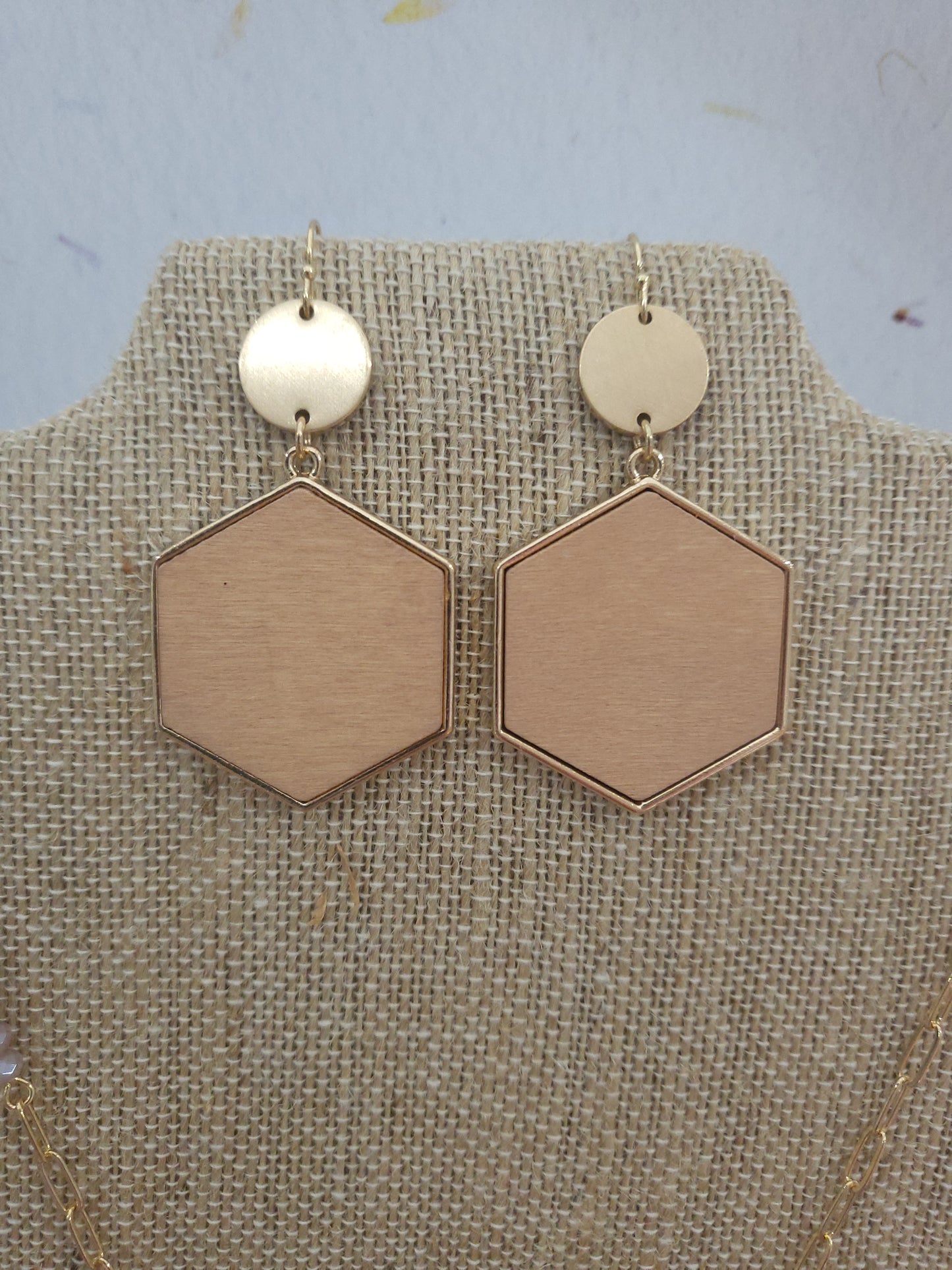Hexagon Gold & Wood Earrings