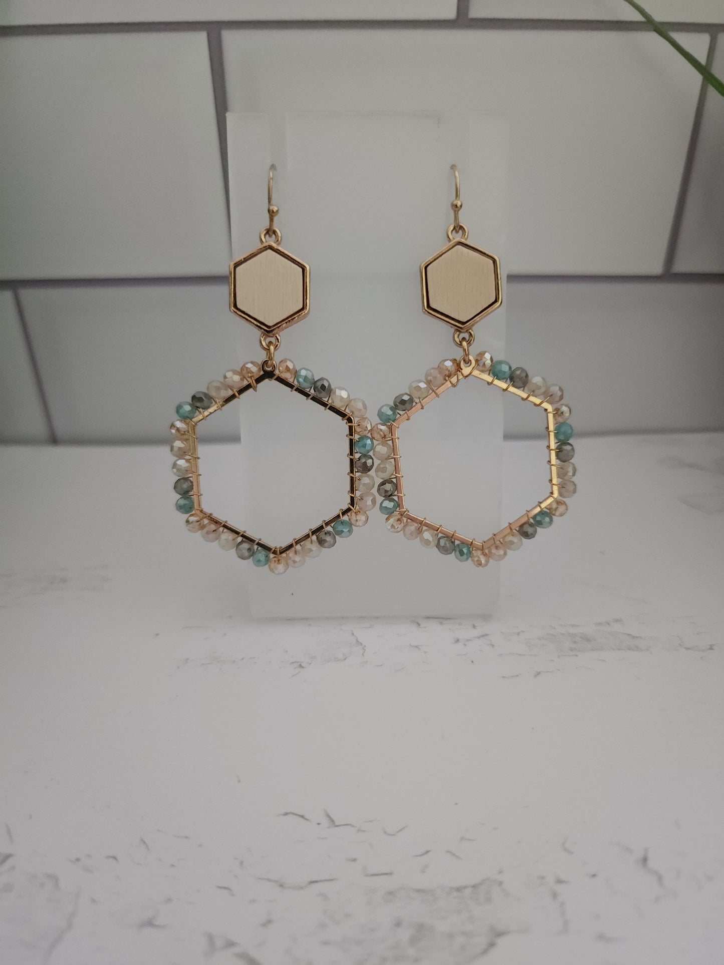 Load image into Gallery viewer, Gold Beaded Hexagon Earrings
