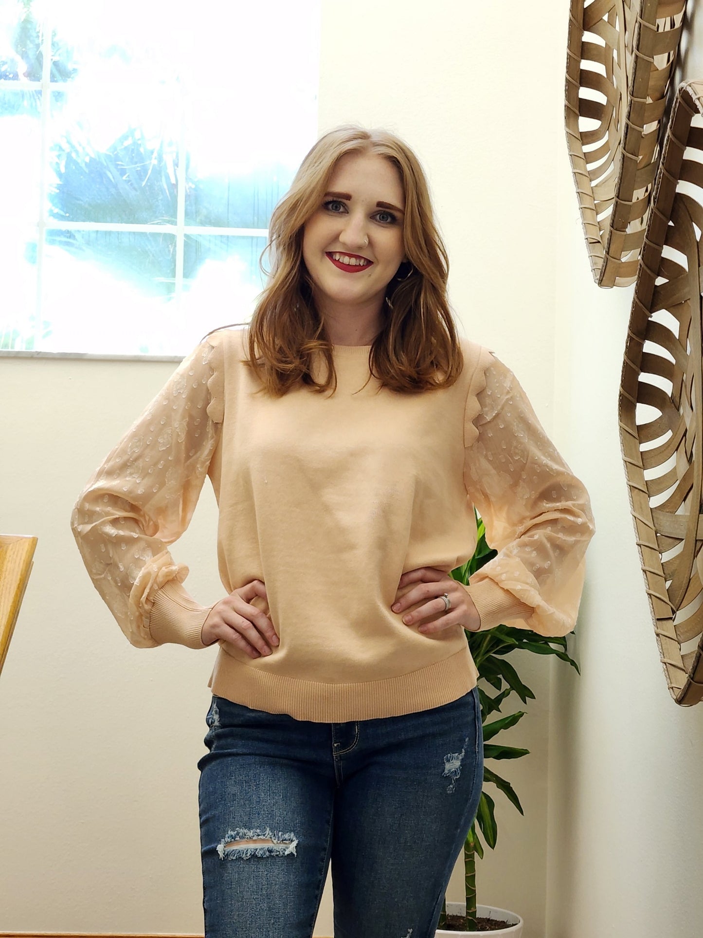 Load image into Gallery viewer, Peach Knit Top w/ Sheer Sleeves
