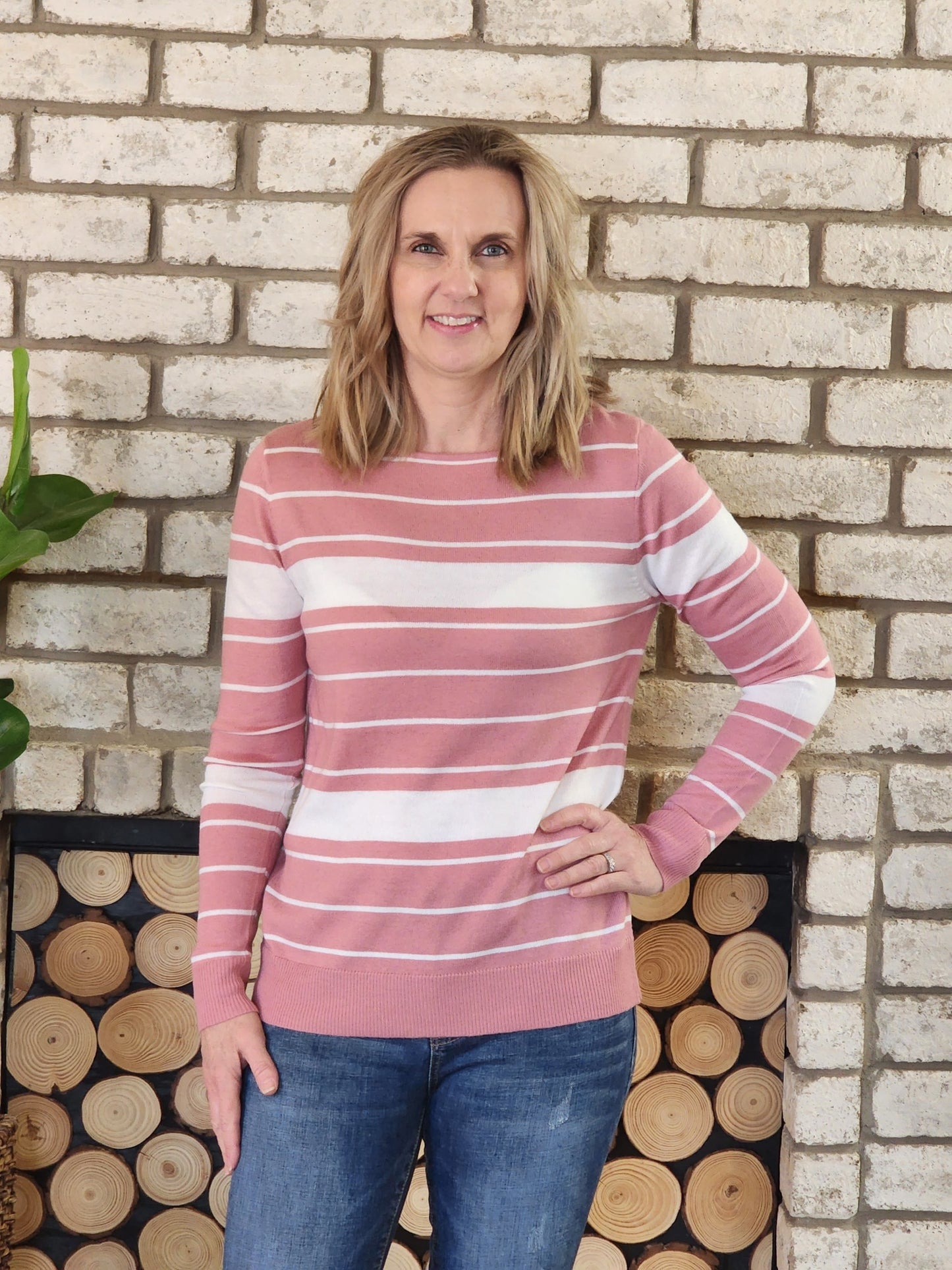 Load image into Gallery viewer, Pink &amp;amp; White Striped Sweater
