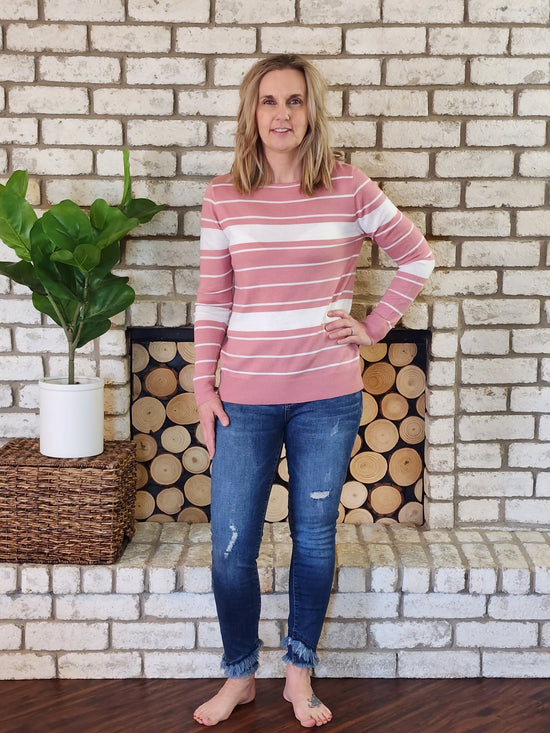 Load image into Gallery viewer, Pink &amp;amp; White Striped Sweater
