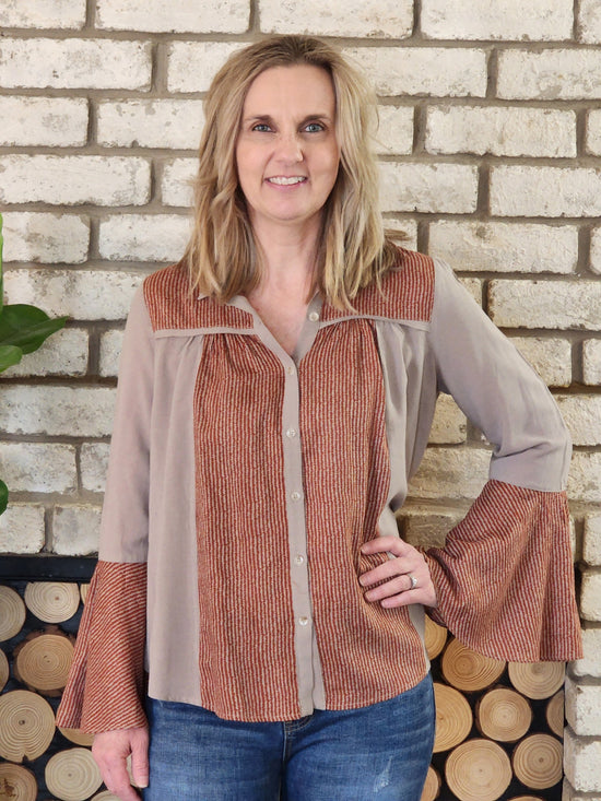 Rust & Taupe Button Up w/Bell Sleeves