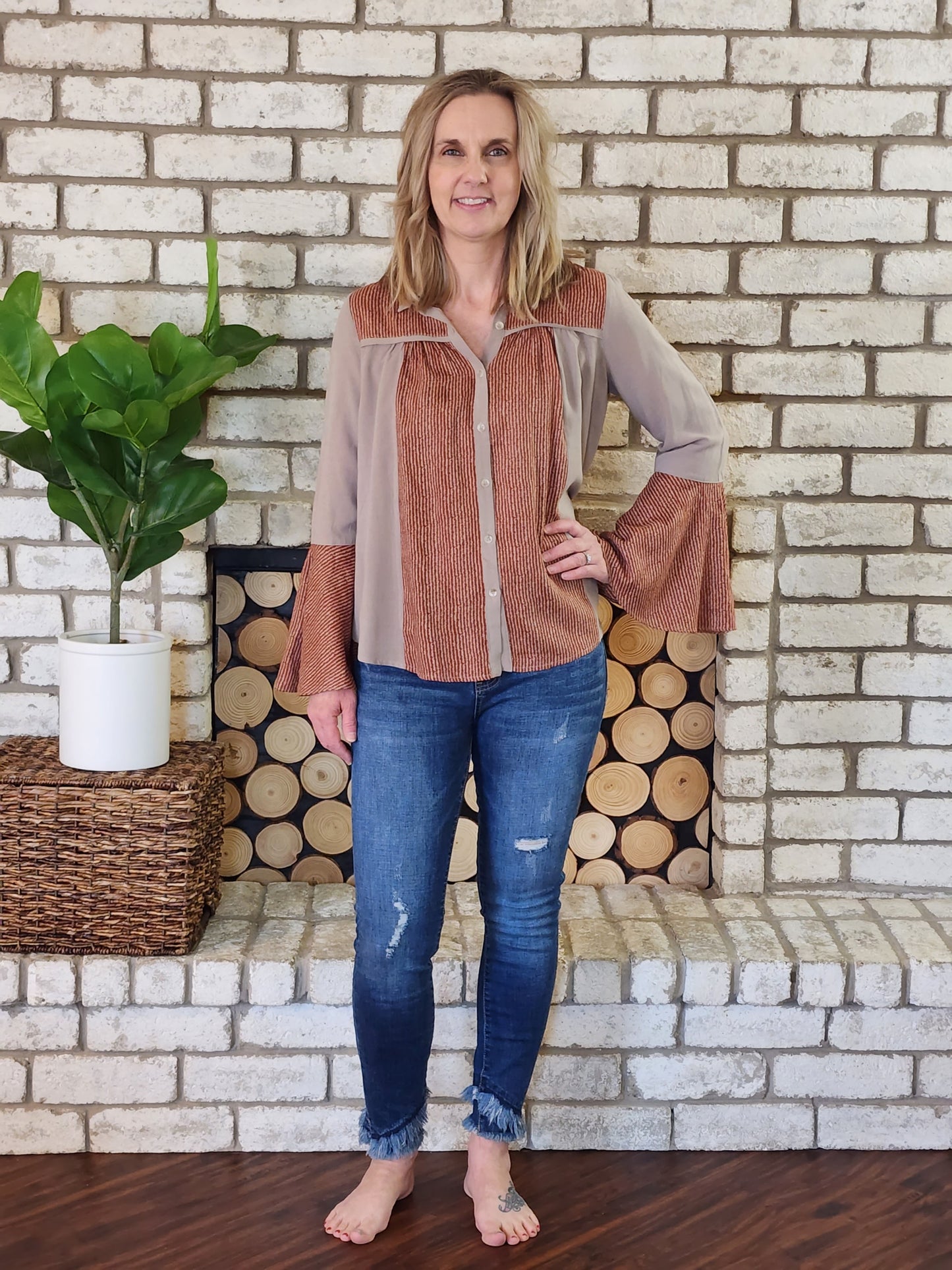 Rust & Taupe Button Up w/Bell Sleeves