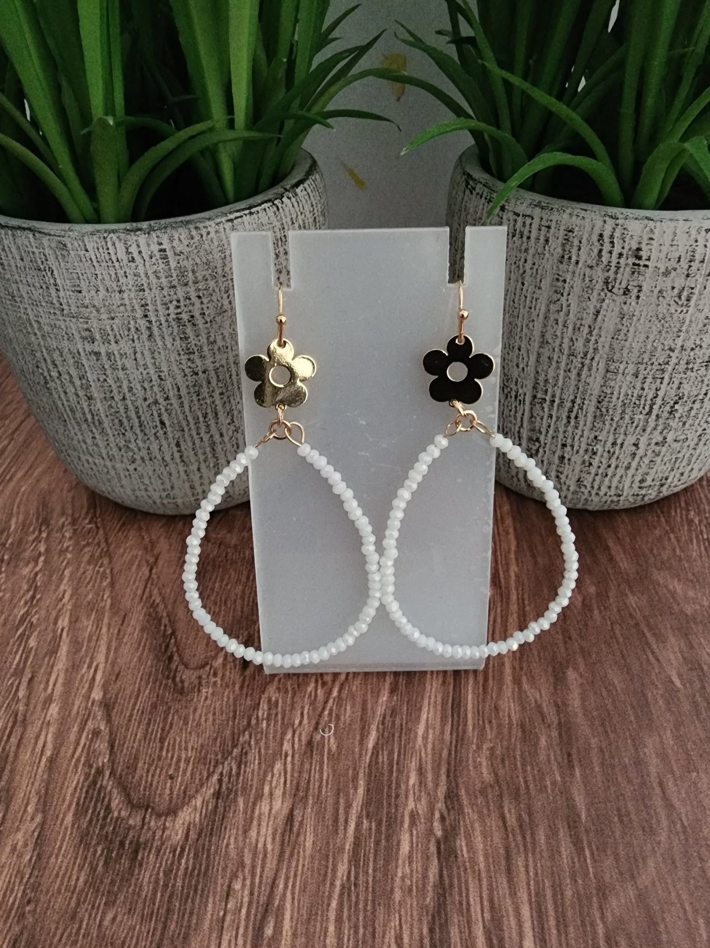 White bead & flower earrings